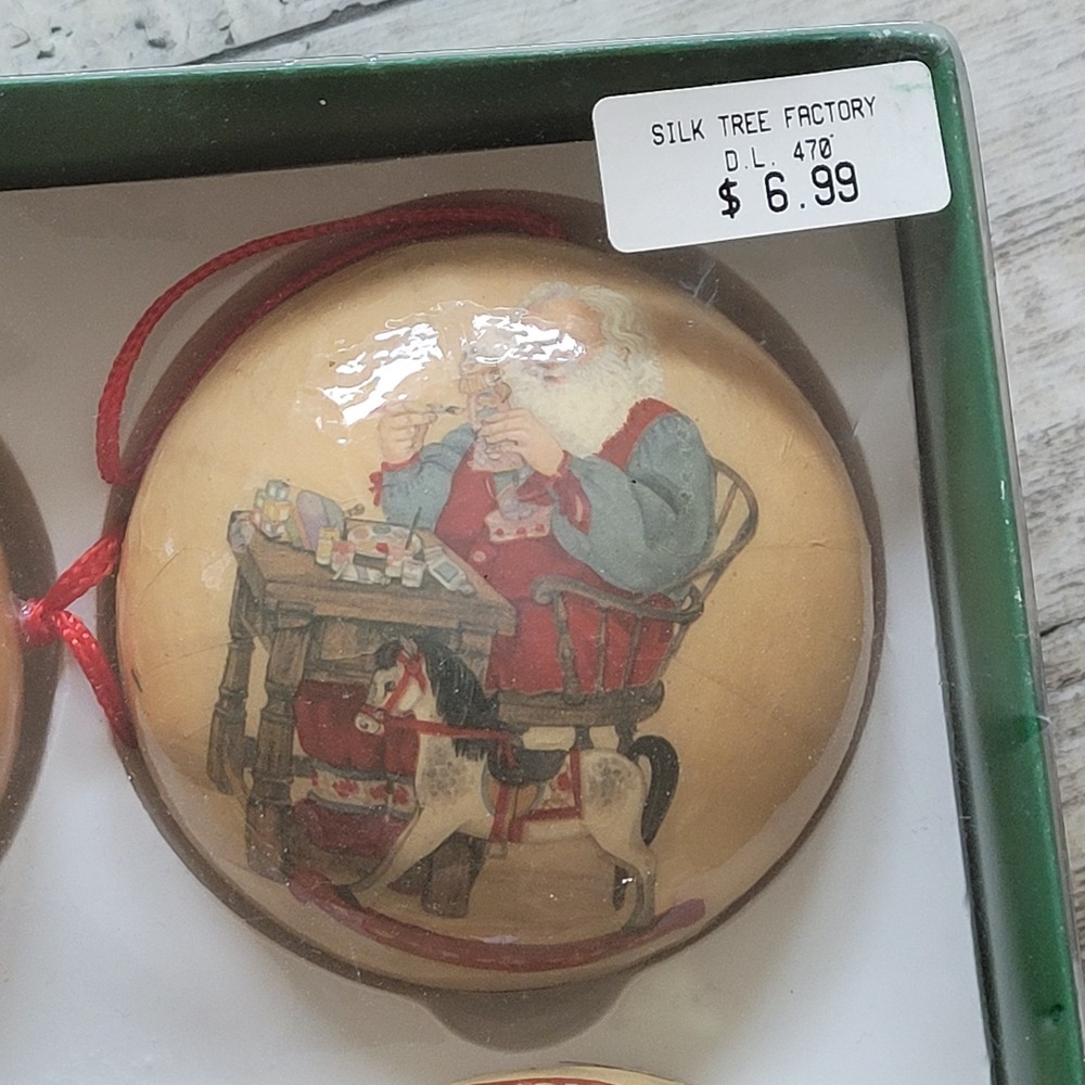 VTG Silk Tree Factory Santa's Workshop Decoupage Christmas Ornaments Set of 6 - Picture 6 of 7